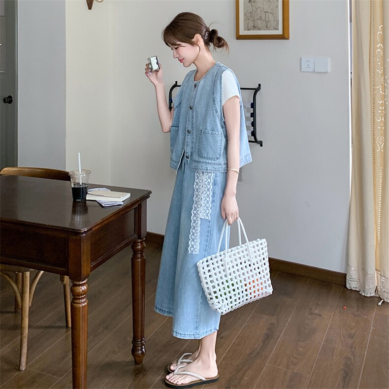 时尚牛仔马甲套装女2025夏季新款超好看短袖T恤宽松阔腿裤三件套图片