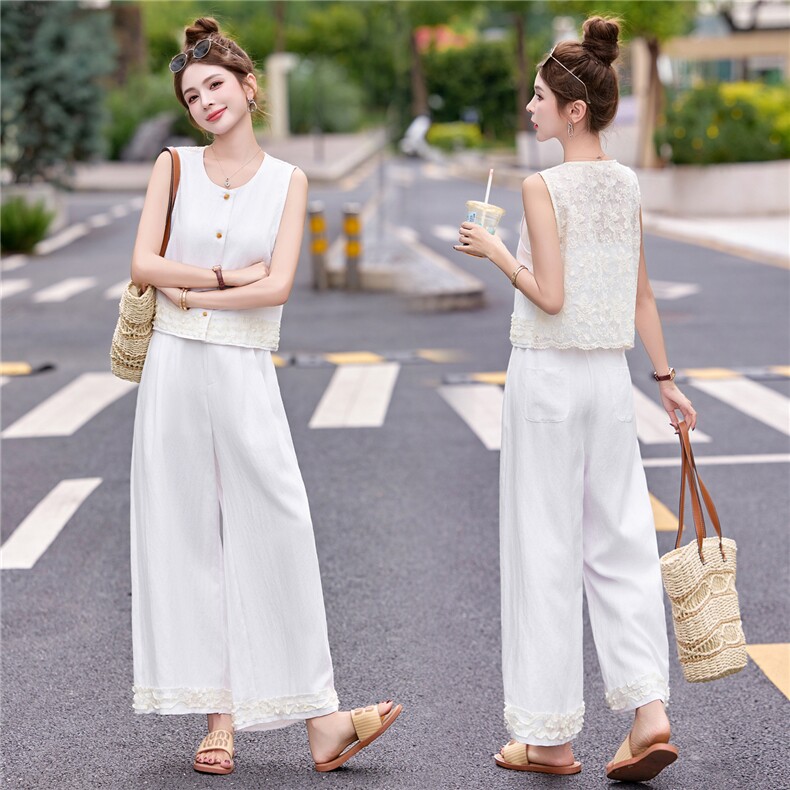 时尚套装女2025夏季新款亚麻洋气蕾丝拼接马甲高腰阔腿裤两件套潮，女装套装/套裙，瑶迪依秀