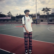 美式慵懒风四季直筒百搭粉色格子裤男阔腿裤日常休闲裤XCK92，男装休闲裤，星座208-5