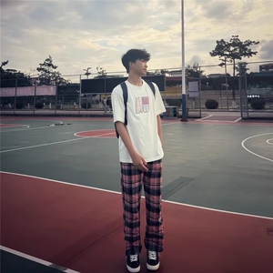 美式慵懒风四季直筒百搭粉色格子裤男阔腿裤日常休闲裤XCK92