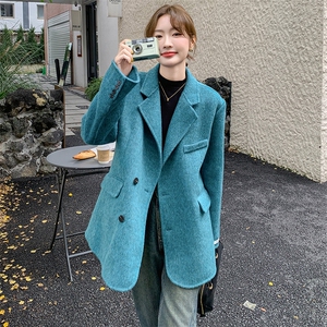 高级感超好看蓝色短款西装领毛呢外套女秋冬2024新款加厚呢子大衣图片