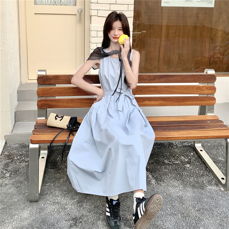 蓝色温柔风甜美别致连衣裙女裙夏季2025收腰显瘦气质无袖a字长裙,女装连衣裙,2C239