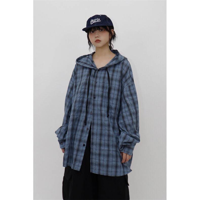 长袖连帽格子衬衫男女款春复古格纹休闲慵懒情侣衬衣特价35，女装衬衫，星座710