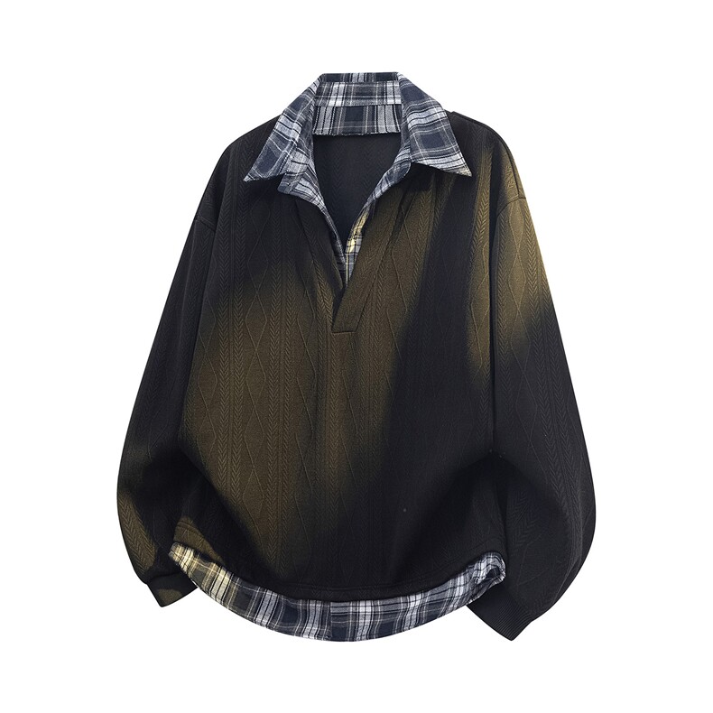 格子拼接卫衣男秋季美式复古假两件polo衫肌理感上衣WY6608-P45，男装Polo衫，星座210-1