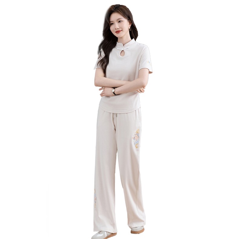 休闲套装女2025夏季新款时尚宽松纯棉翻领短袖阔腿裤运动服两件套,女装套装/套裙,凯瑟曼