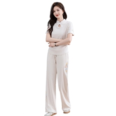 休闲套装女2025夏季新款时尚宽松纯棉翻领短袖阔腿裤运动服两件套，女装套装/套裙，凯瑟曼