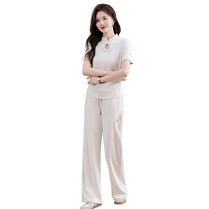 休闲套装女2025夏季新款时尚宽松纯棉翻领短袖阔腿裤运动服两件套图片