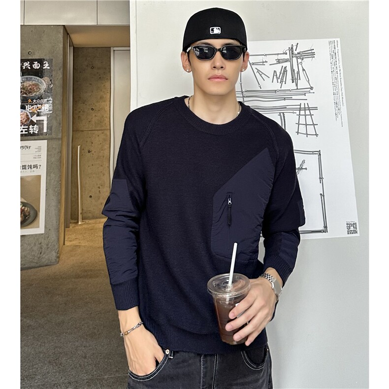 美式中班拼色口袋毛衣春秋季2025新款宽松大码男士针织衫,男装针织衫/毛衣,电商C307