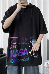 LD54186-P45 NASA联名同款连帽短袖t恤男大码胖子带帽五分袖中袖图片