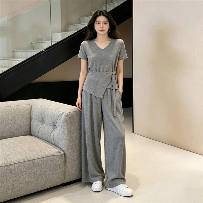 个性简约时尚套装女夏季新款蝴蝶结绑带设计短袖上衣阔腿裤两件套,女装套装/套裙,江南