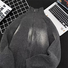 长袖ins日系美式双拉链立领针织开衫外套男简约新款毛衣MZ711-P78，男装针织衫/毛衣，星座412-3