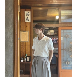轻熟撞色线条立体设计纹理小众针织Polo冰丝短袖体恤PL97/P58图片
