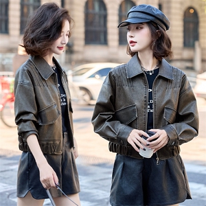 现货水洗双色皮衣2025年女秋季新款翻领气质高质感皮上衣图片