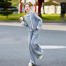 蕾丝拼接牛仔阔腿裤套装女春秋2025新款两件套独特绝美超火高级感，女装套装/套裙，2B115