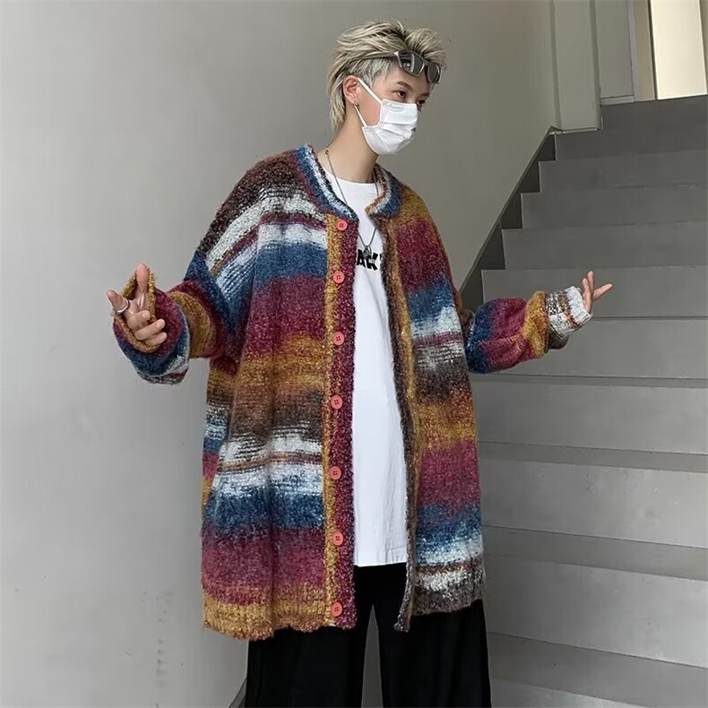 新美式复古渐变条纹毛衣男宽松慵懒风小众学生开衫针织MY219-P55,男装针织衫/毛衣,星座1109-3