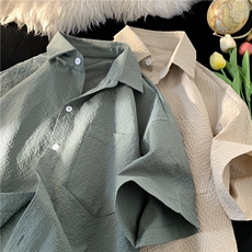 夏季新款日系泡泡哥纯色短袖衬衫大码宽松简易男女衬衣CS218-P28，男装衬衫，星座222-7