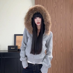 灰色美式复古毛领连帽卫衣外套女秋冬季2025新款显瘦上衣百搭开衫图片