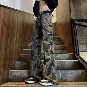 水洗做旧褶皱牛仔裤男美式复古高街裤子设计感宽松直筒N8035-P55图片