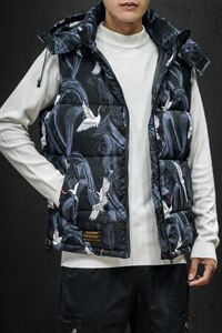 2021秋冬新黑墙日系大码小仙鹤保暖加厚棉马甲连帽外套男M723-P75图片