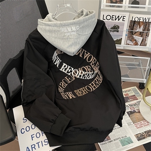 港风春款男工装飞行员夹克连帽拉链口袋字母刺绣外套JK30 P65图片