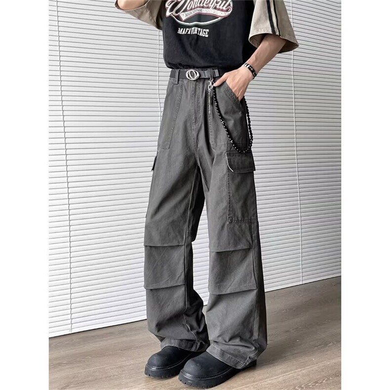 美式水洗多口袋伐木工装裤男直筒宽松机能风阔腿微喇裤A82022-p65，男装工装外套，星座1008