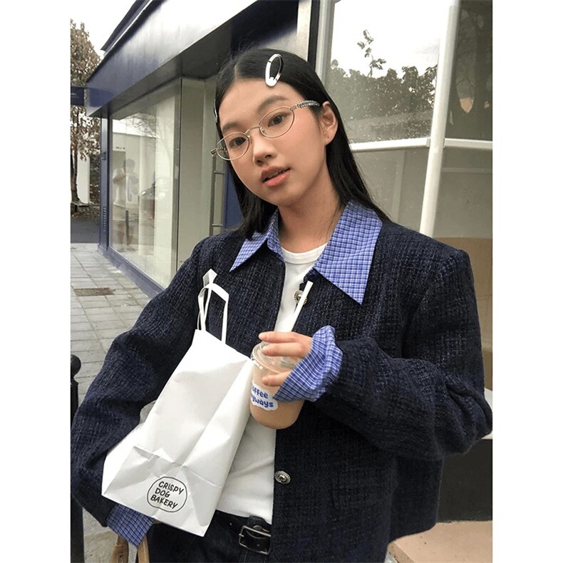 1204-P61格子拼色小香风短款外套女2025春秋洋气新款时尚高级感,女装短外套,电商B323A