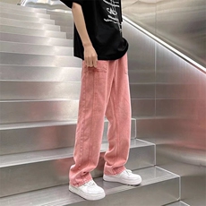 美式vibe裤子高街ins潮牌粉色牛仔裤男女直筒宽松阔腿裤N1445-P4，男装牛仔裤，星座1008