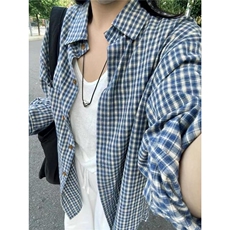 蓝色衬衫女秋季街头polo领格子衬衣休闲外套oversize美式复古上衣，男装衬衫，星座506A