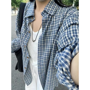 蓝色衬衫女秋季街头polo领格子衬衣休闲外套oversize美式复古上衣图片