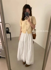 2025夏上新韩系圆领彩色扣百搭短袖针织开衫女时尚洋气，女装T恤，斯尔特羊绒
