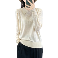 时尚减龄POLO领长袖纯色上衣女法式钉珠翻领套头打底针织衫毛衣潮，女装羊毛衫，宛庄羊绒