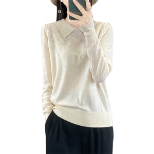 时尚减龄POLO领长袖纯色上衣女法式钉珠翻领套头打底针织衫毛衣潮图片