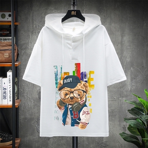 LD54211-P45 连帽短袖t恤男大码胖子带帽五分袖中袖 展架图片