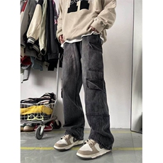 日系工装牛仔裤男春秋新款水洗做旧阔腿裤美式复古宽松休闲长裤子，男装牛仔裤，星座613