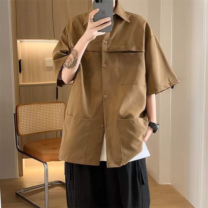 工装衬衫男潮牌宽松痞帅多口袋夏季休闲纯色短袖衬衣CS34 P33图片