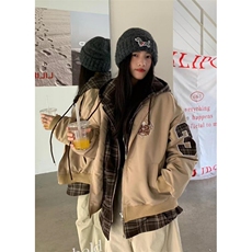 刺绣潮牌棉服外套复古格子假两件连帽冬季加厚保暖棉衣JY66，男装夹克，星座1116A（原606A-3）