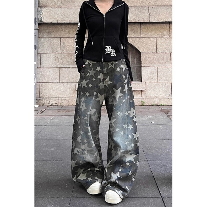 美式覆古星星满印工装休闲裤女秋季新款宽松百搭阔腿裤潮，男装工装外套，星座813-2