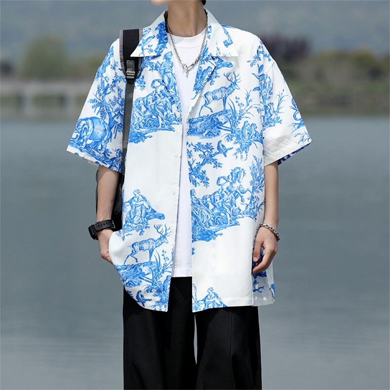 8XL-M天丝亚麻清爽晕染古巴领短袖衬衫男半截袖冰丝衬衣CS525P58,男装T恤,电商D206-1