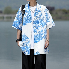8XL-M天丝亚麻清爽晕染古巴领短袖衬衫男半截袖冰丝衬衣CS525P58，男装T恤，电商D206-1