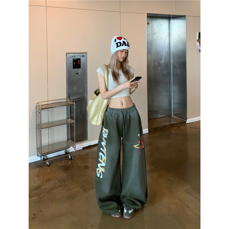 XHDDYAY美式复古字母印花低腰阔腿裤女街头风宽松休闲抽绳长裤潮，男装休闲裤，星座506A