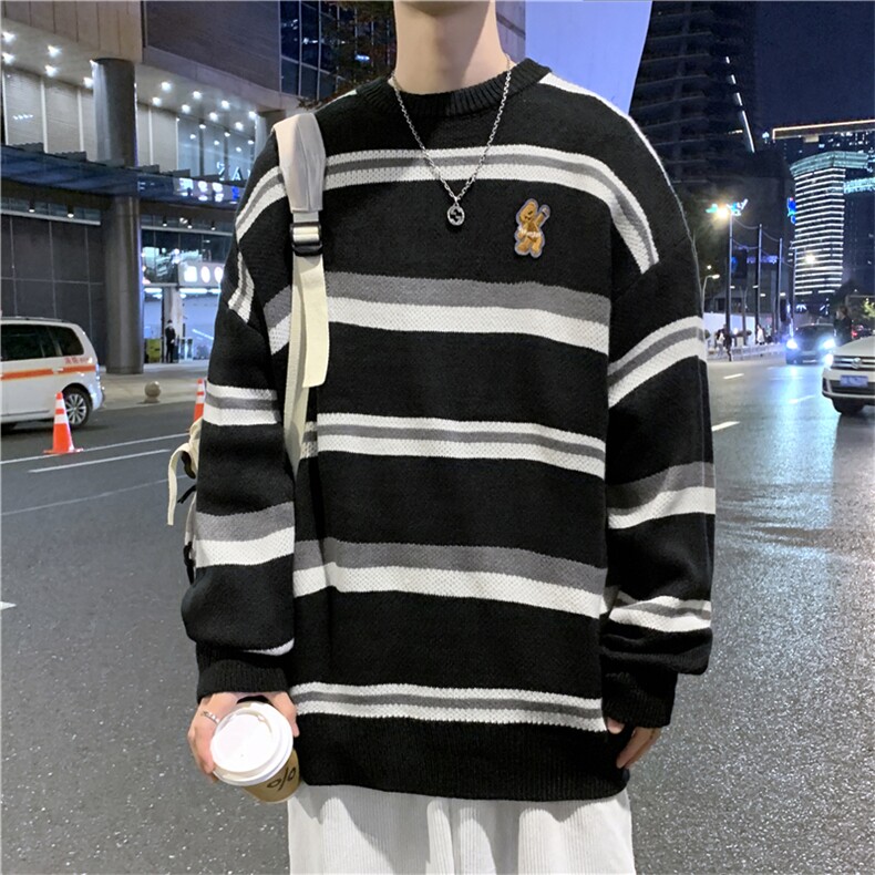 Q条纹毛衣男秋冬季港风ins潮流宽松慵懒风情侣针织线衣M385-P40,男装针织衫/毛衣,星座512-3