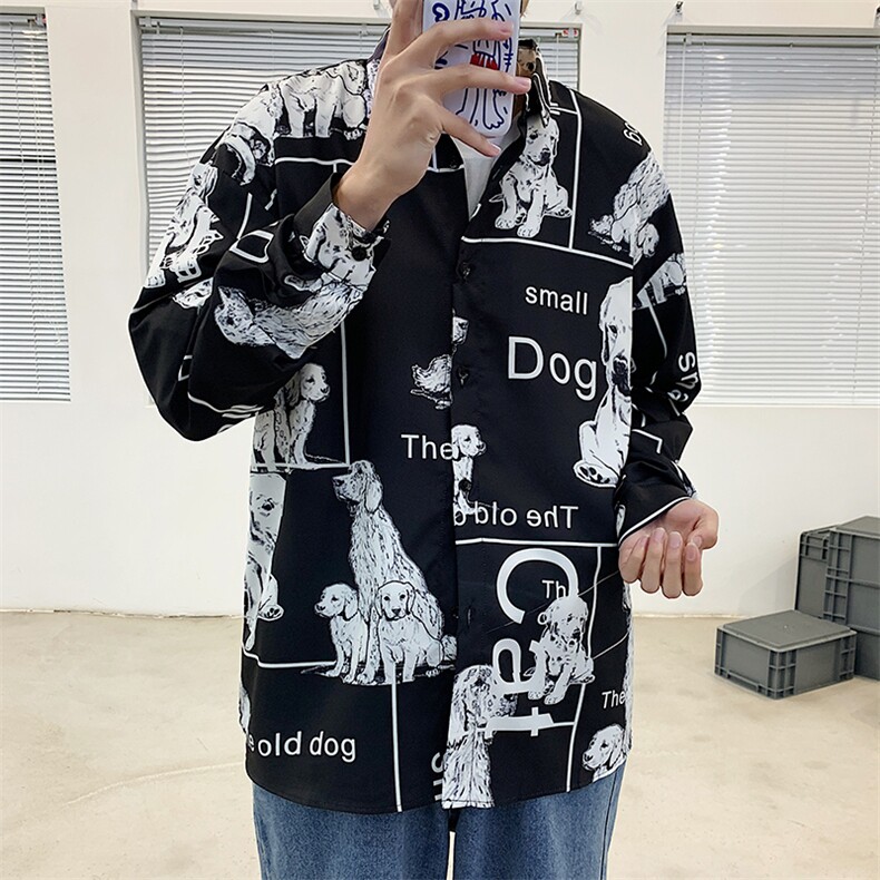 日系复古抽象涂鸦印花宽松衬衣潮男装chic长袖衬衫W1113-P35,男装衬衫,星座512-4