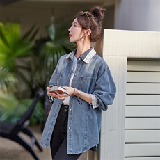 2024年春季牛仔布棉纯色直筒甜美珍珠钉珠花边牛仔衬衫外套配腰带，女装衬衫，微微衣阁