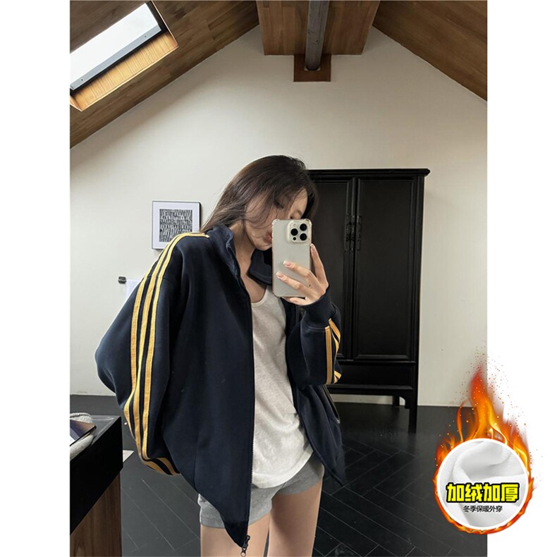 480G重磅加绒硬挺boxy男女秋冬美式高街三条杠立领卫衣开衫厚外套，女装短外套，电商A486-1