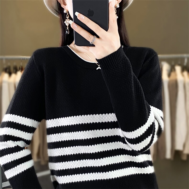 条纹长袖针织打底衫女圆领套头毛衣洋气减龄设计感小众毛衫秋冬新，女装针织衫/毛衣，斯美雅安迪绒