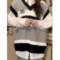 5537-P40美式学院风针织衫女秋冬新款V领无袖套头坎肩毛衣，男装针织衫/毛衣，电商B323A