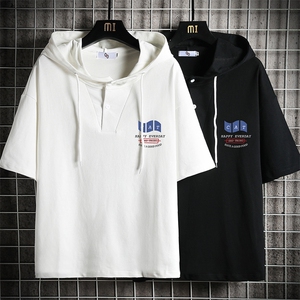 LD54014-P45 连帽短袖t恤男大码胖子带帽五分袖中袖 网格挂拍图片