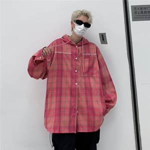 春秋美式复古潮流格子连帽衬衫男女长袖潮牌宽松学生休闲衬衣外套图片