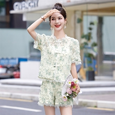 新中式蕾丝套装女2024夏季新款小香风时尚显瘦提花短裤两件套御姐，女装套装/套裙，妙形