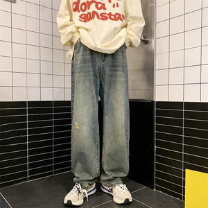 直筒牛仔裤男水洗磨破宽松休闲长裤美式高街潮牌阔腿裤子WH29-P45图片